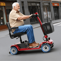 Older man sitting in the SEEDREAM S-02 mobility scooter in the city