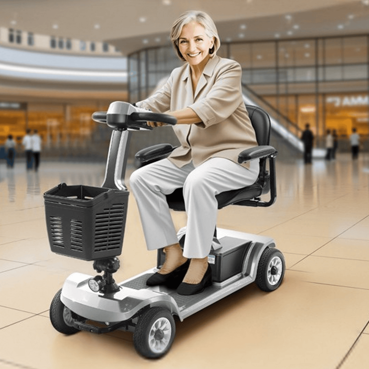 Older woman sitting in the SEEDREAM S-02 mobility scooter in a shopping centre