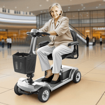 Older woman sitting in the SEEDREAM S-02 mobility scooter in a shopping centre