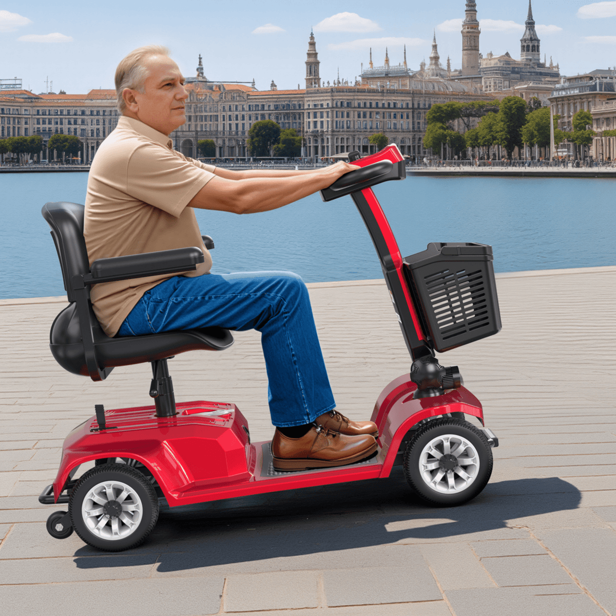Older man sitting in the SEEDREAM X-02 mobility scooter in the city