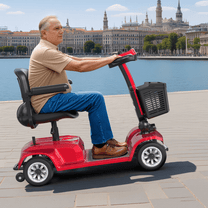 Older man sitting in the SEEDREAM X-02 mobility scooter in the city