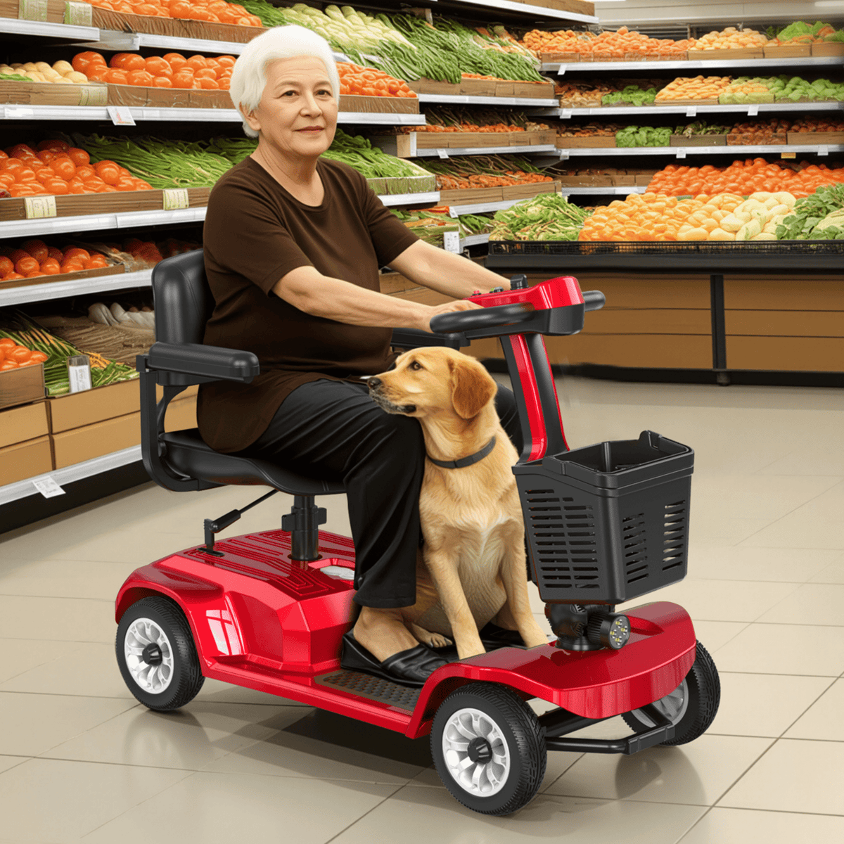 Older woman sitting in the SEEDREAM X-02 mobility scooter with a dog