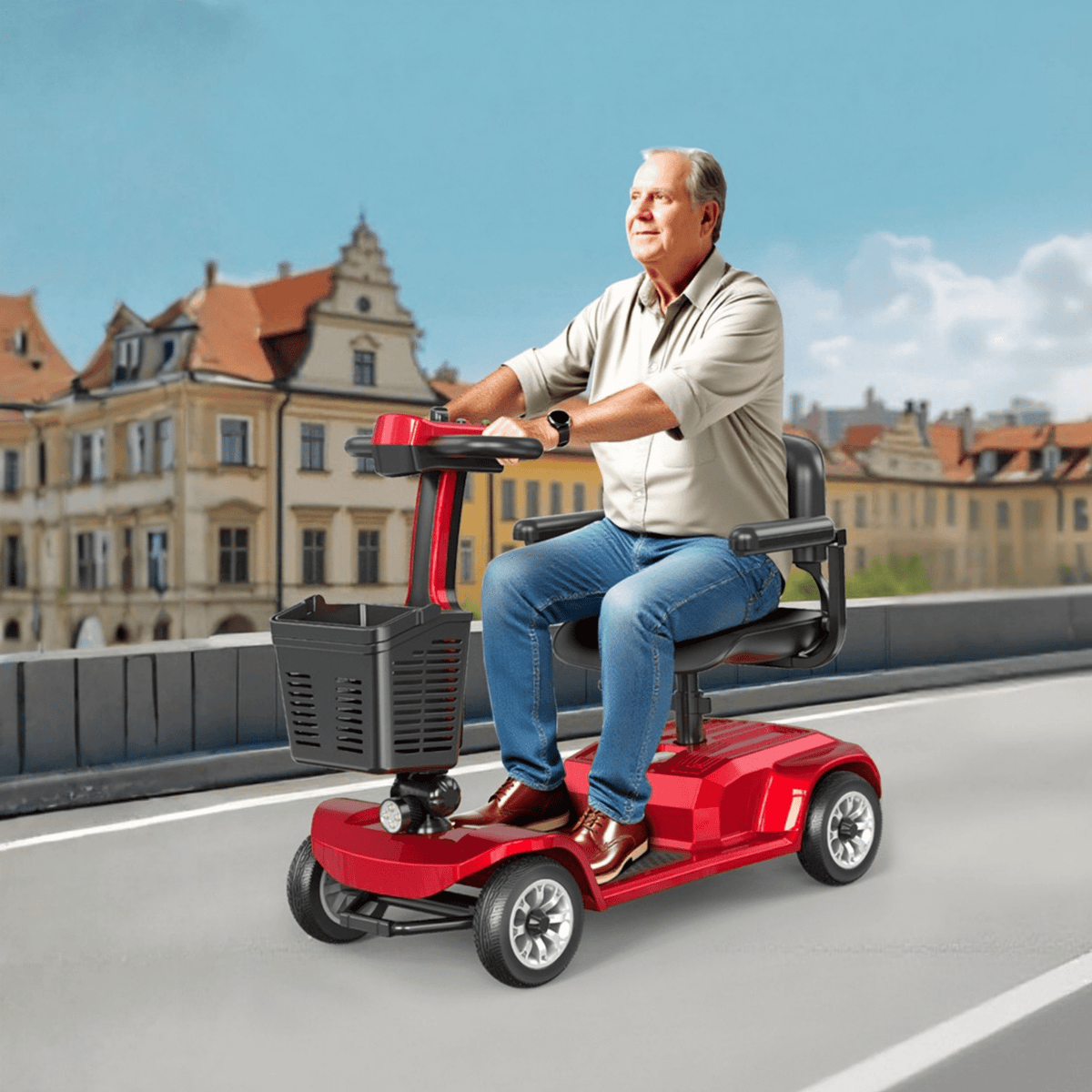Older man sitting in the SEEDREAM X-02 mobility scooter in the city