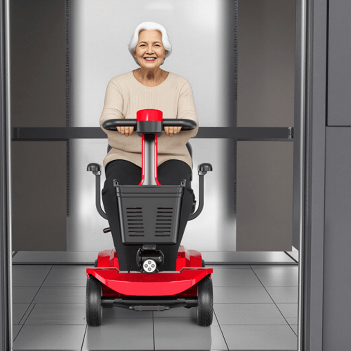 Older woman sitting in the SEEDREAM X-02 mobility scooter indoors