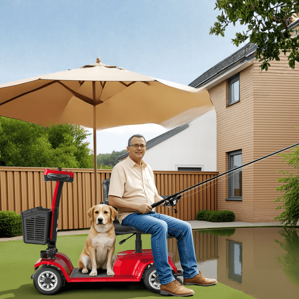Older man sitting in the SEEDREAM X-02 mobility scooter with a dog
