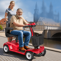 Older man sitting in the SEEDREAM X-02 mobility scooter in the city