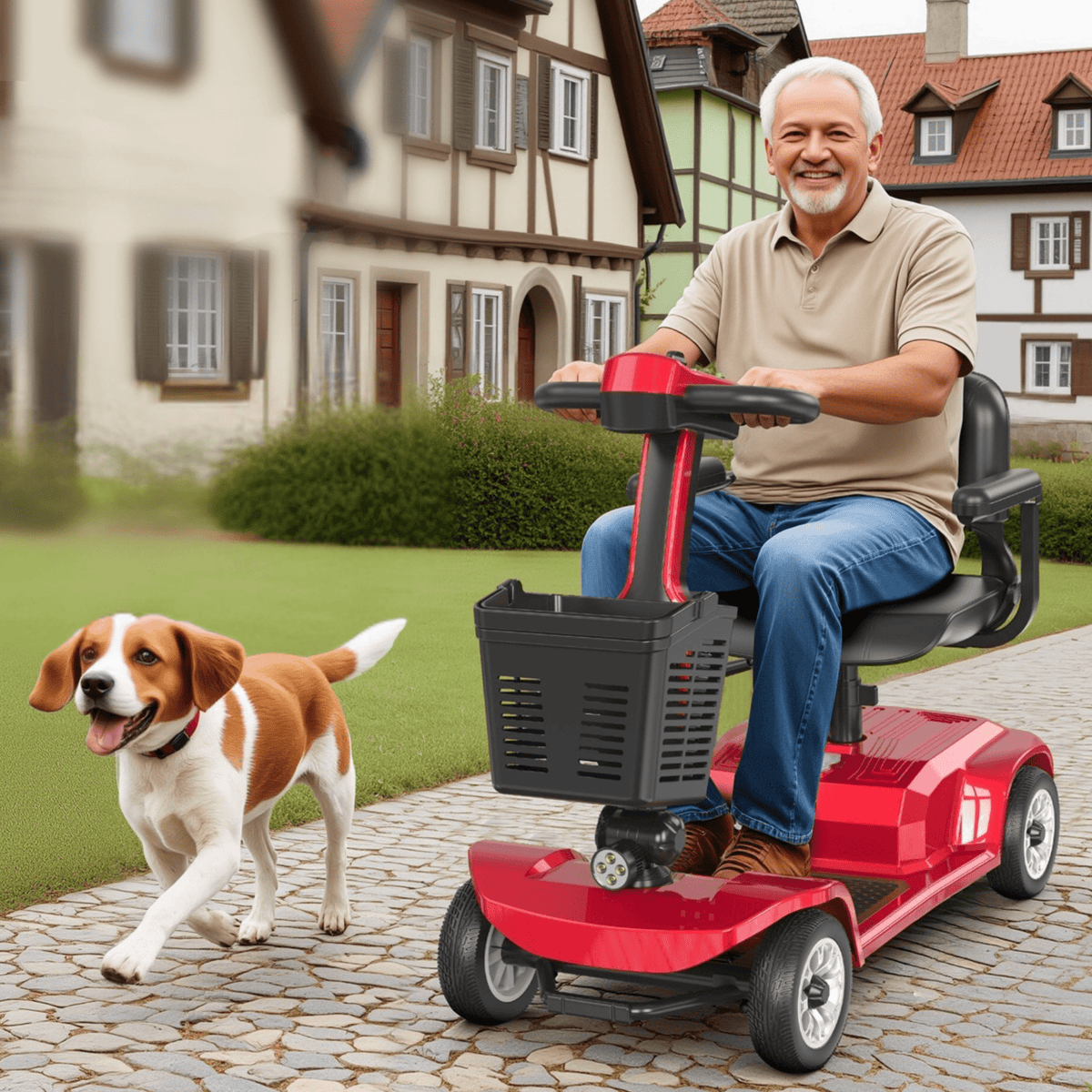 Older man sitting in the SEEDREAM X-02 mobility scooter with a dog