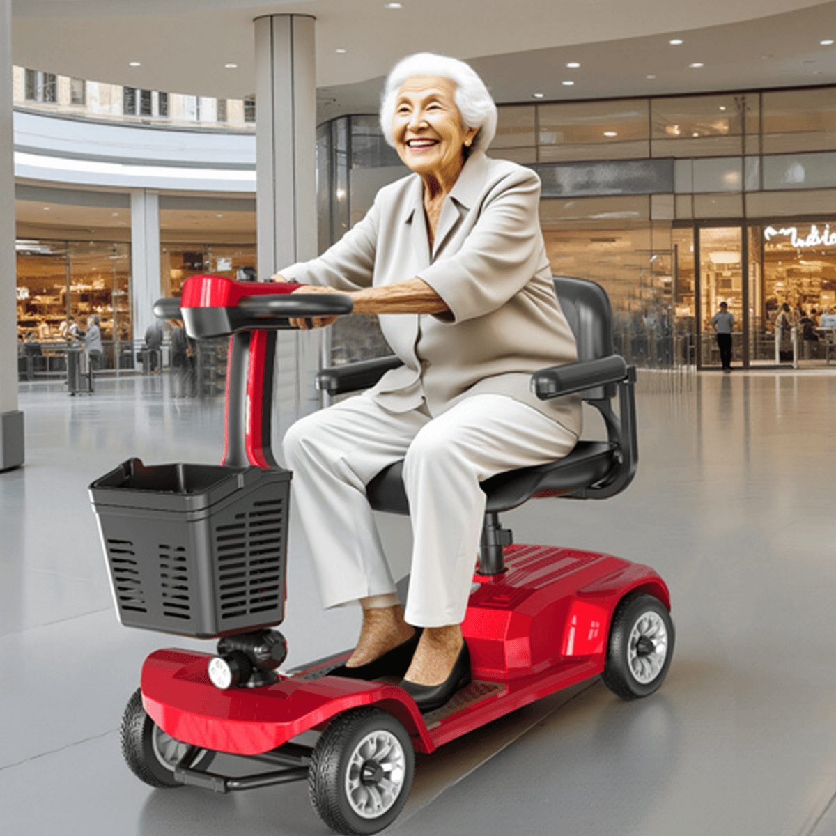 Older woman sitting in the SEEDREAM X-02 mobility scooter in a shopping centre
