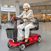 Older woman sitting in the SEEDREAM X-02 mobility scooter in a shopping centre