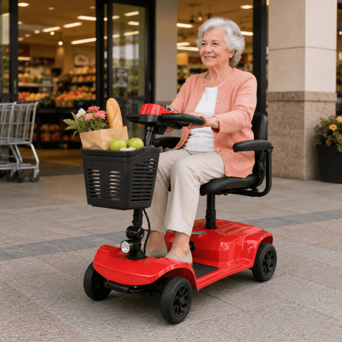 Older woman sitting in the SEEDREAM X-02B Lucas mobility scooter in the city