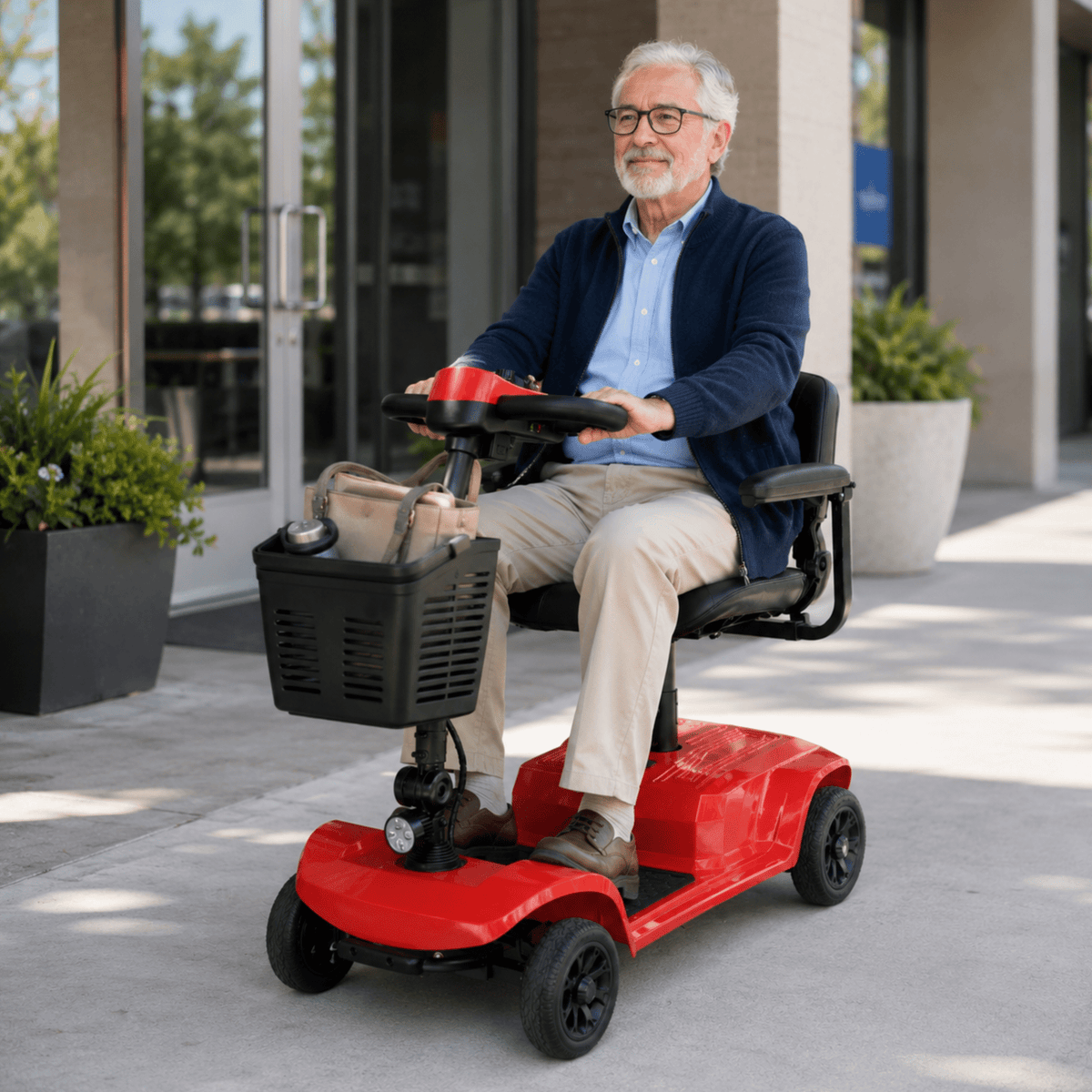 Older man sitting in the SEEDREAM X-02B Lucas mobility scooter in the city