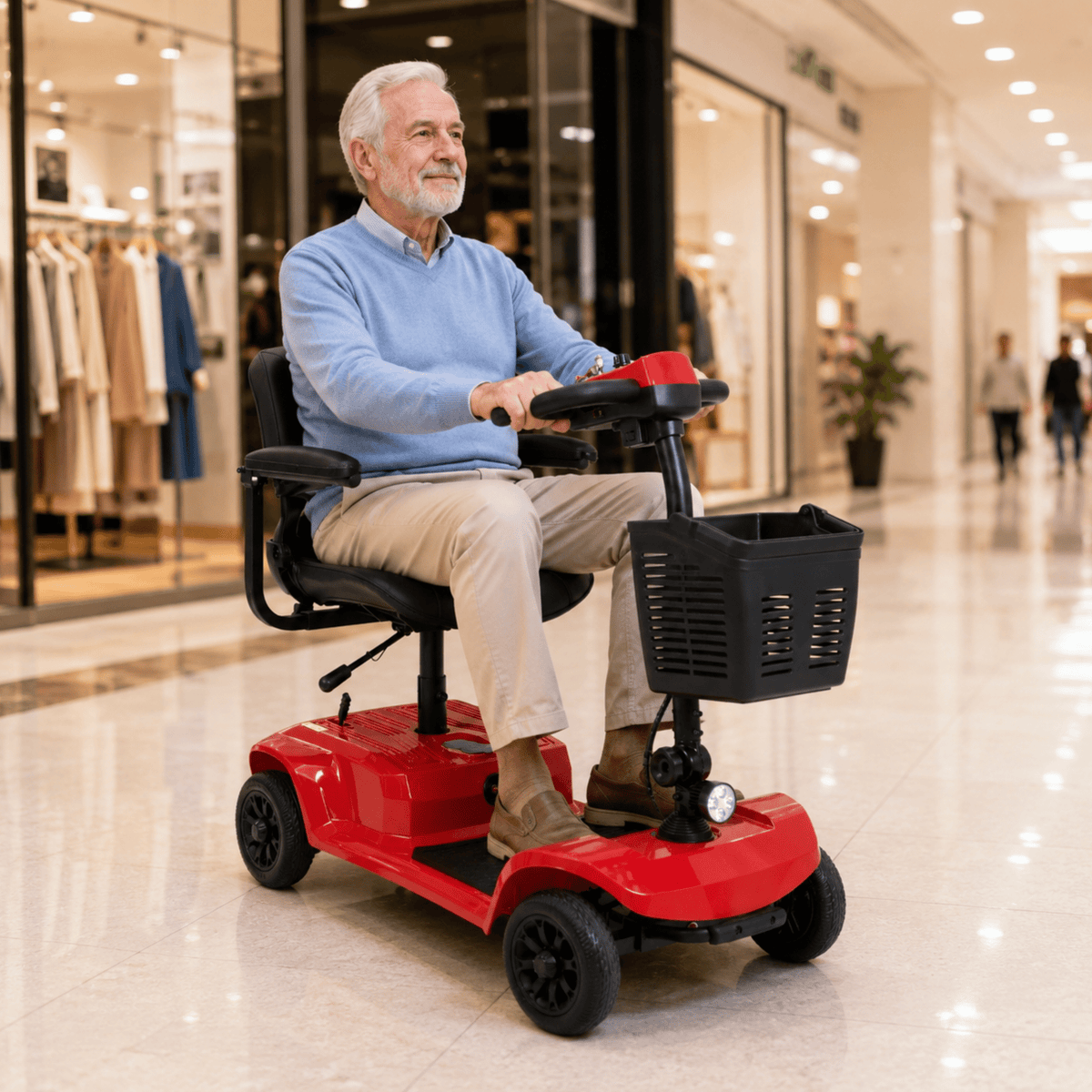 Older man sitting in the SEEDREAM X-02B Lucas mobility scooter in a shopping centre