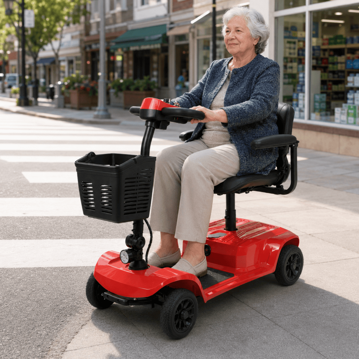 Older woman sitting in the SEEDREAM X-02B Lucas mobility scooter in the city