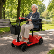 Older woman sitting in the SEEDREAM X-02B Lucas mobility scooter in a park