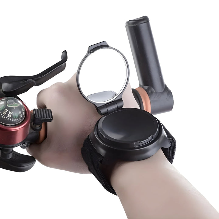 Smart wrist-strap rear-view mirror, worn by a person