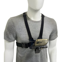 Smart chest harness for phones, worn by a person