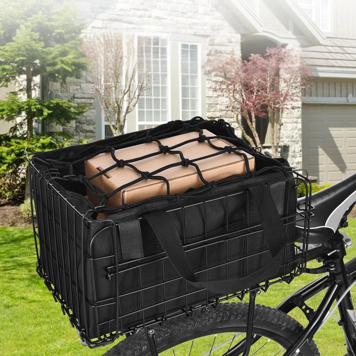 Smart bicycle basket with removable storage carrying a load, rear view