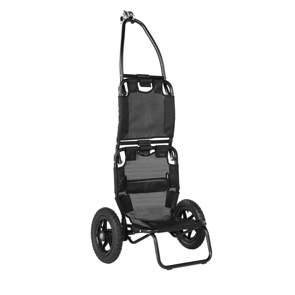 Smart cargo bike trailer in black, angled view in hand-cart mode