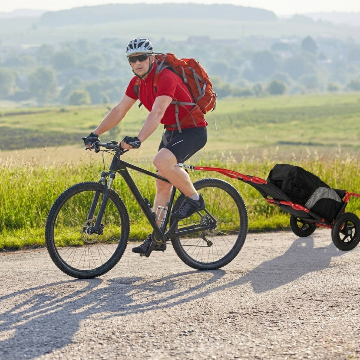 Person cycling with the Smart cargo bike trailer in tow on a country road