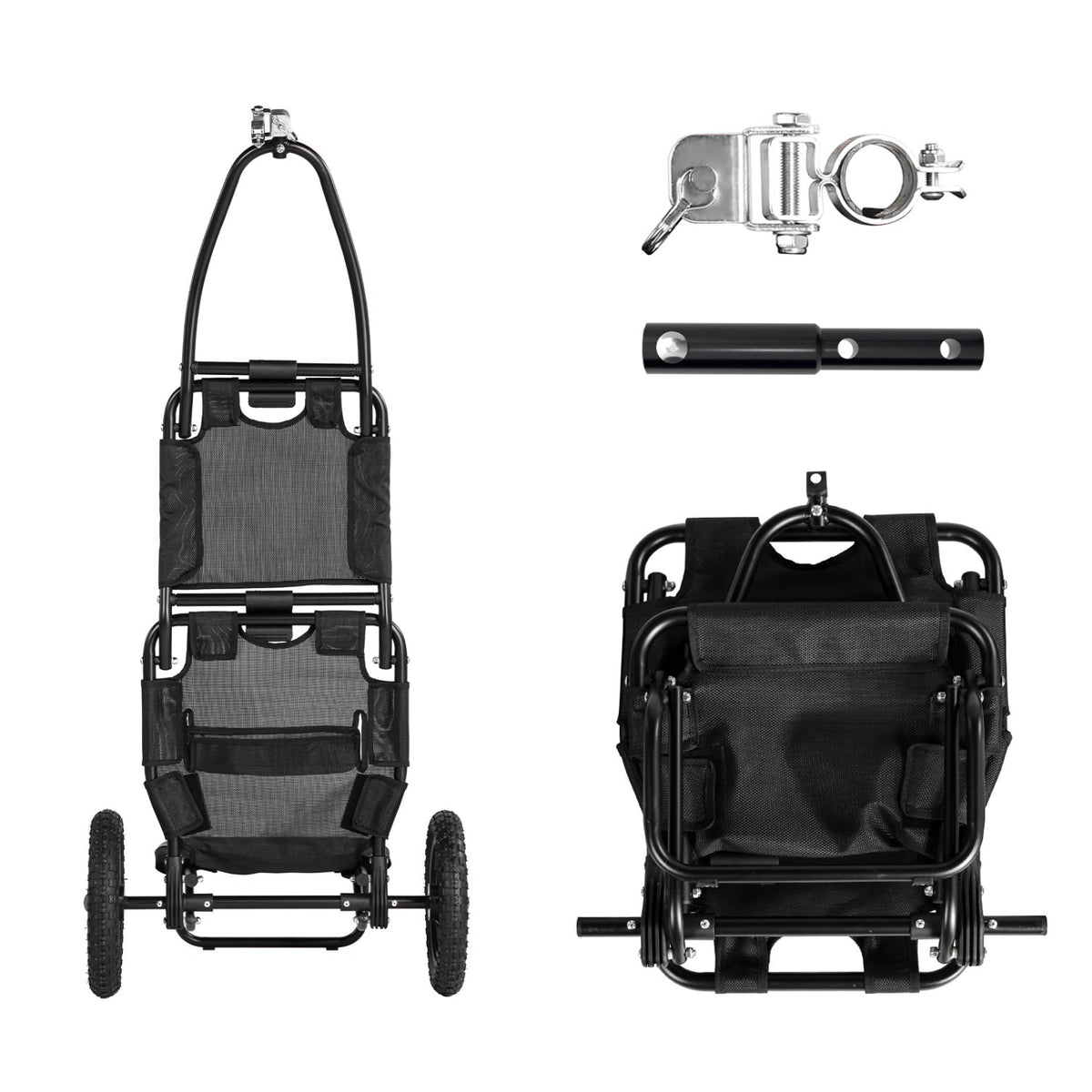 Smart cargo bike trailer in black in hand-cart mode with included parts