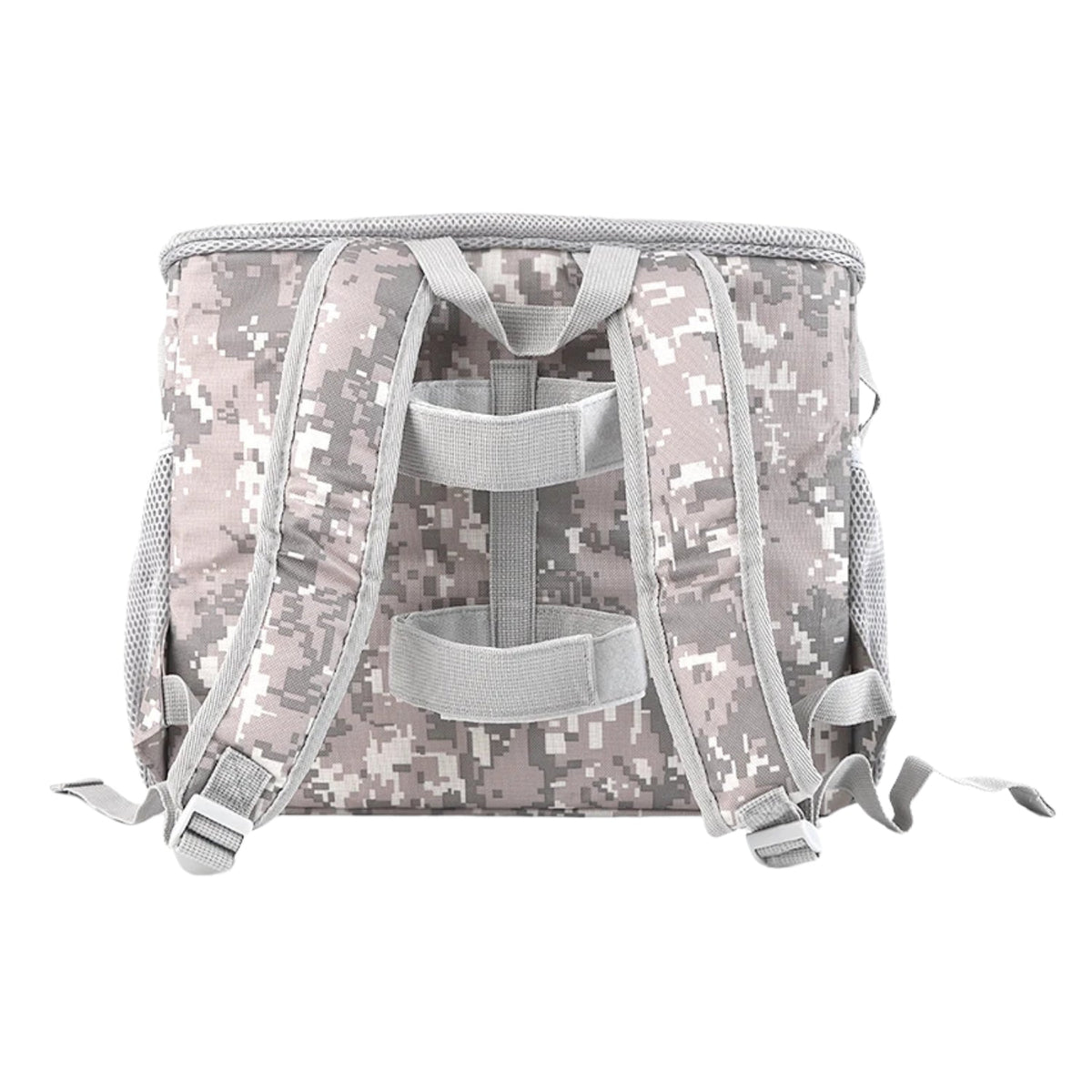 Smart front pet basket in camouflage, rear view