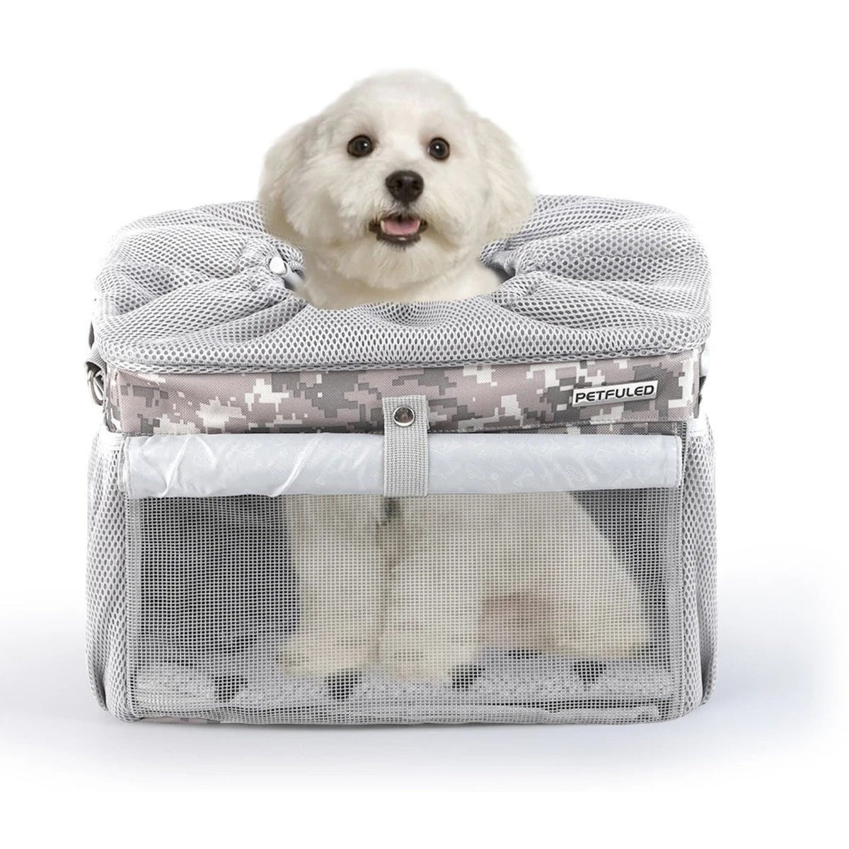 Smart front pet basket in camouflage with a dog inside