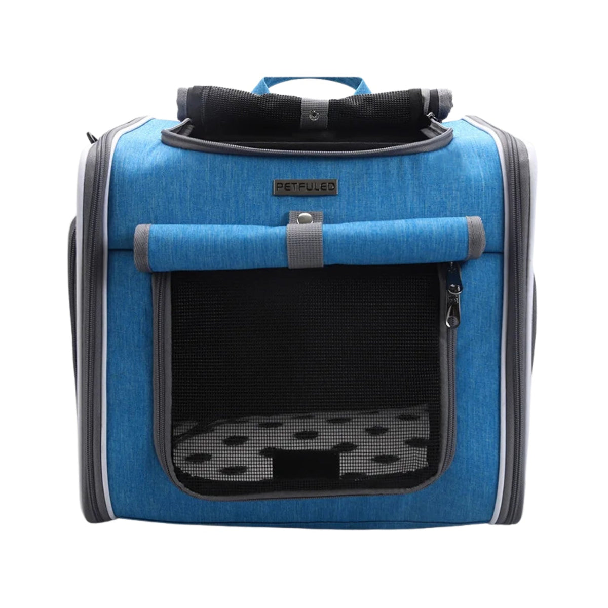 Smart front pet basket in blue, front view