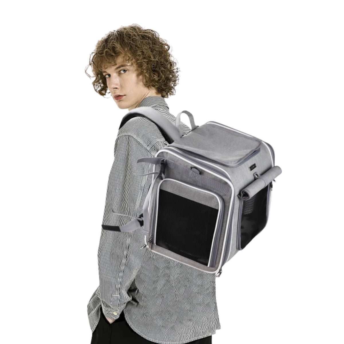 Smart front pet basket, worn by a person, side view