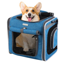 Smart front pet basket in blue with a dog inside