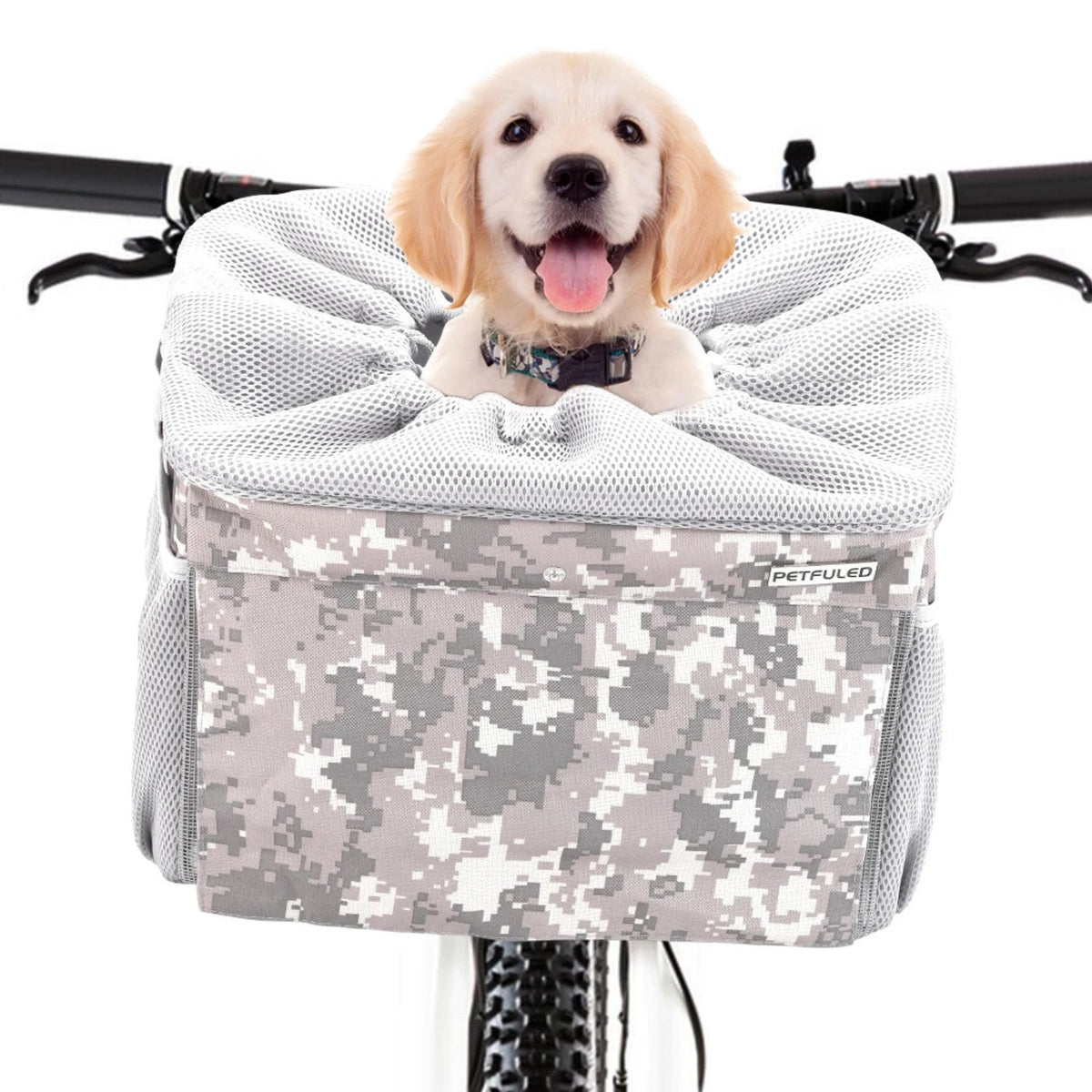 Smart front pet basket in camouflage with a dog inside, angled view