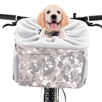 Smart front pet basket in camouflage with a dog inside, angled view