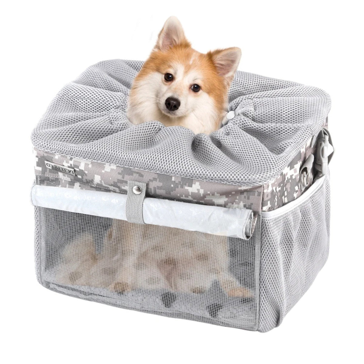 Smart front pet basket in camouflage with a dog inside