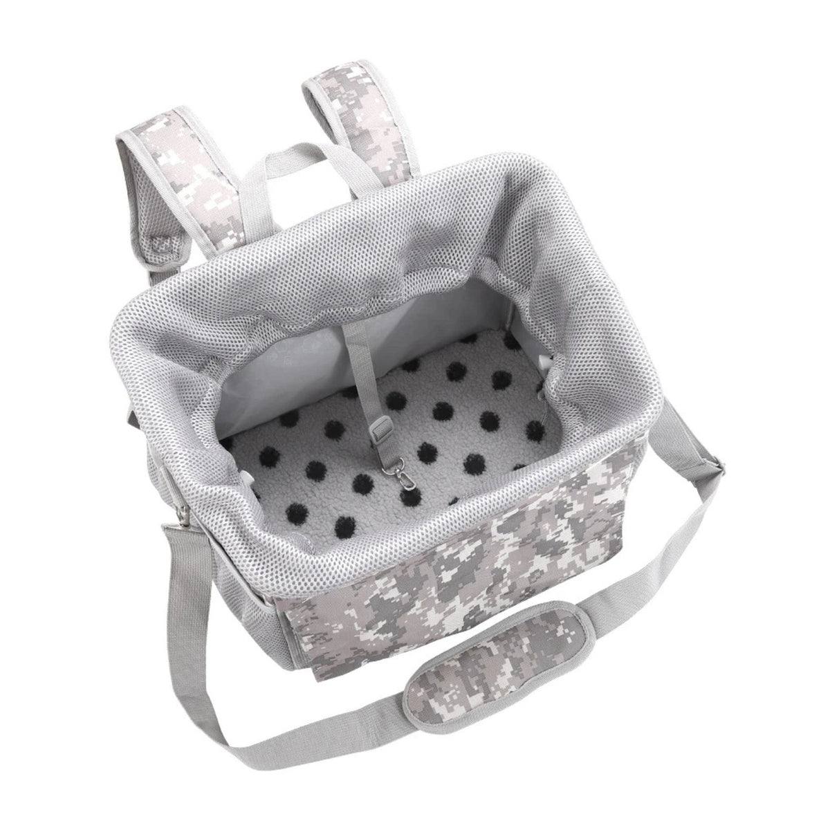 Smart front pet basket in camouflage, inside view