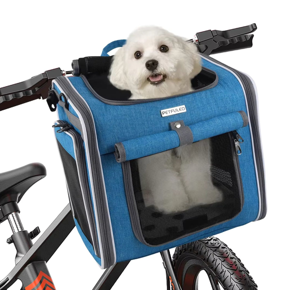 Smart front pet basket in blue with a dog inside, angled view