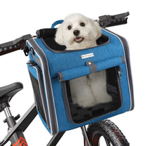 Smart front pet basket in blue with a dog inside, angled view