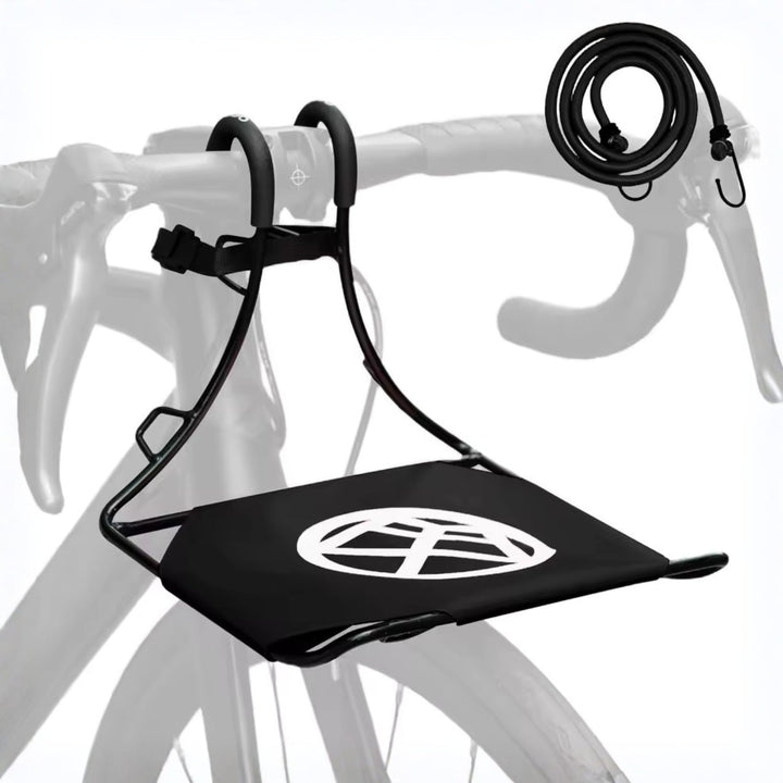 Close-up of smart front bike luggage rack in black on the bicycle handlebar
