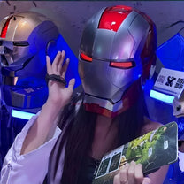 Smart helmet Iron Man Edition, worn by a person in the dark
