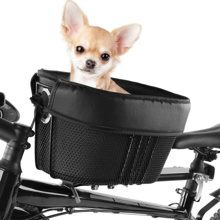 Smart dog basket for bicycles with a dog inside