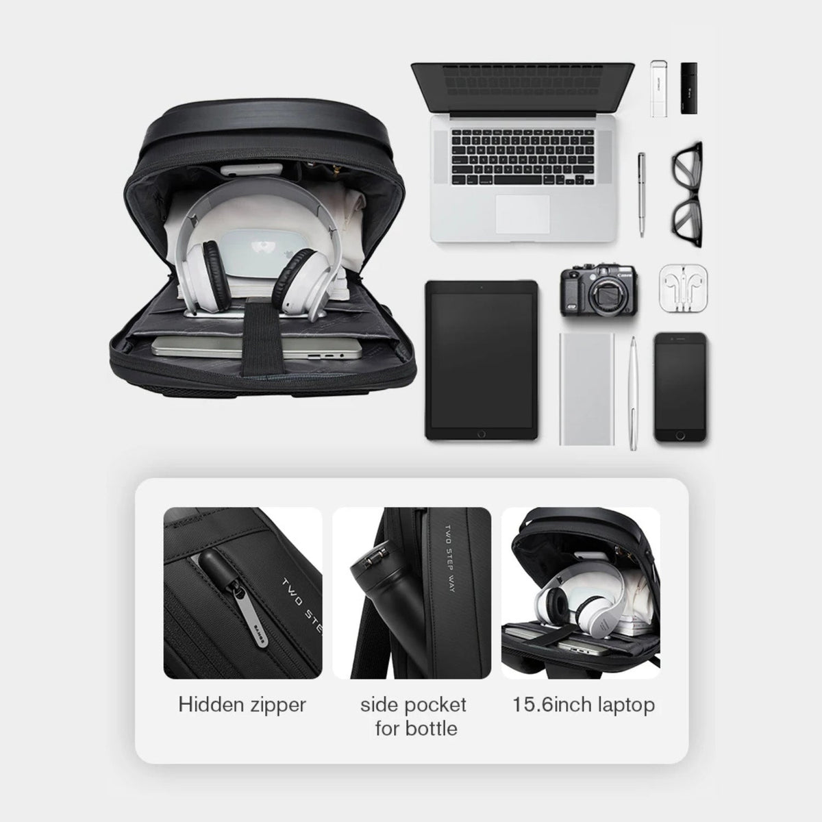 Smart backpack Pro with items that fit inside