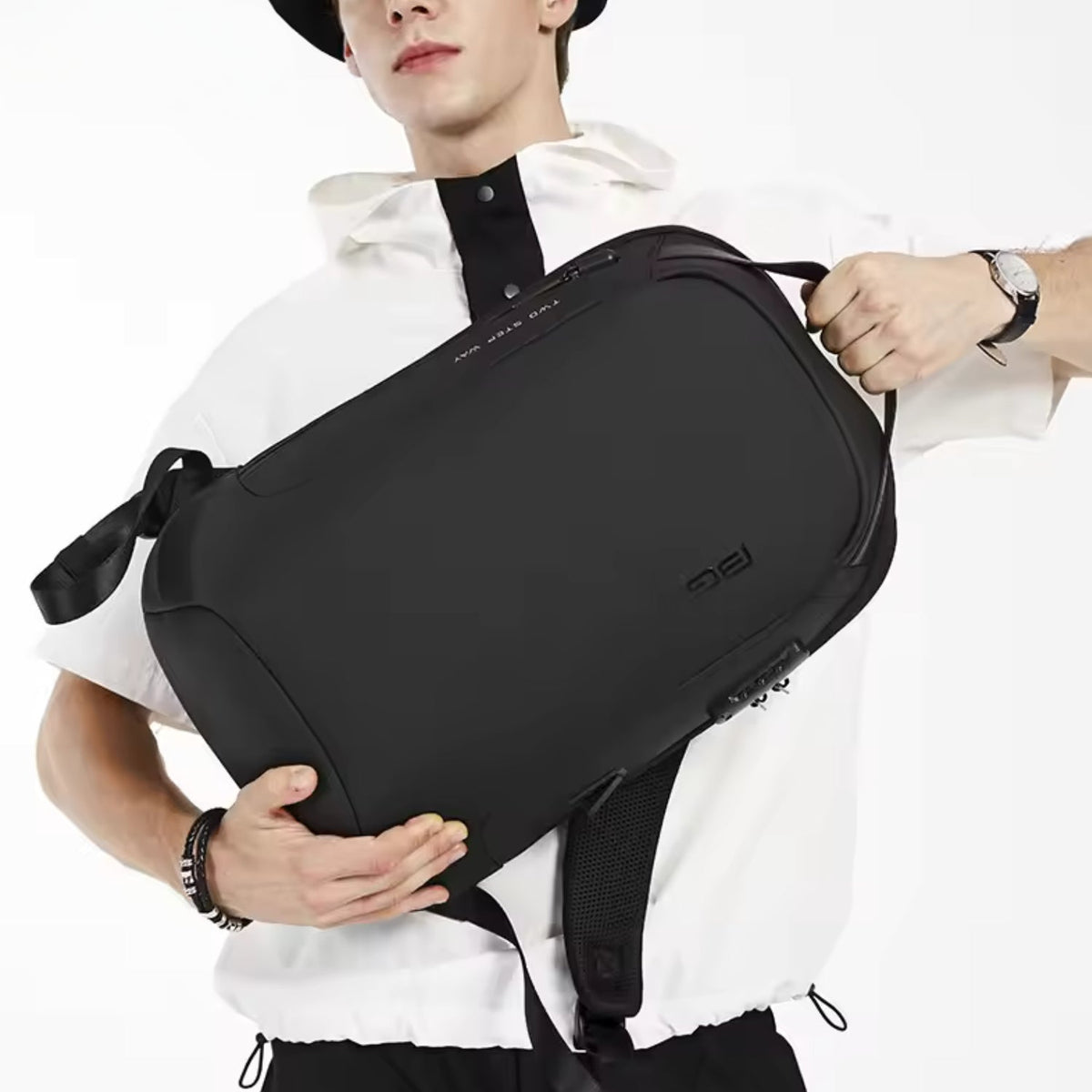 Smart backpack Pro, worn by a person, front view