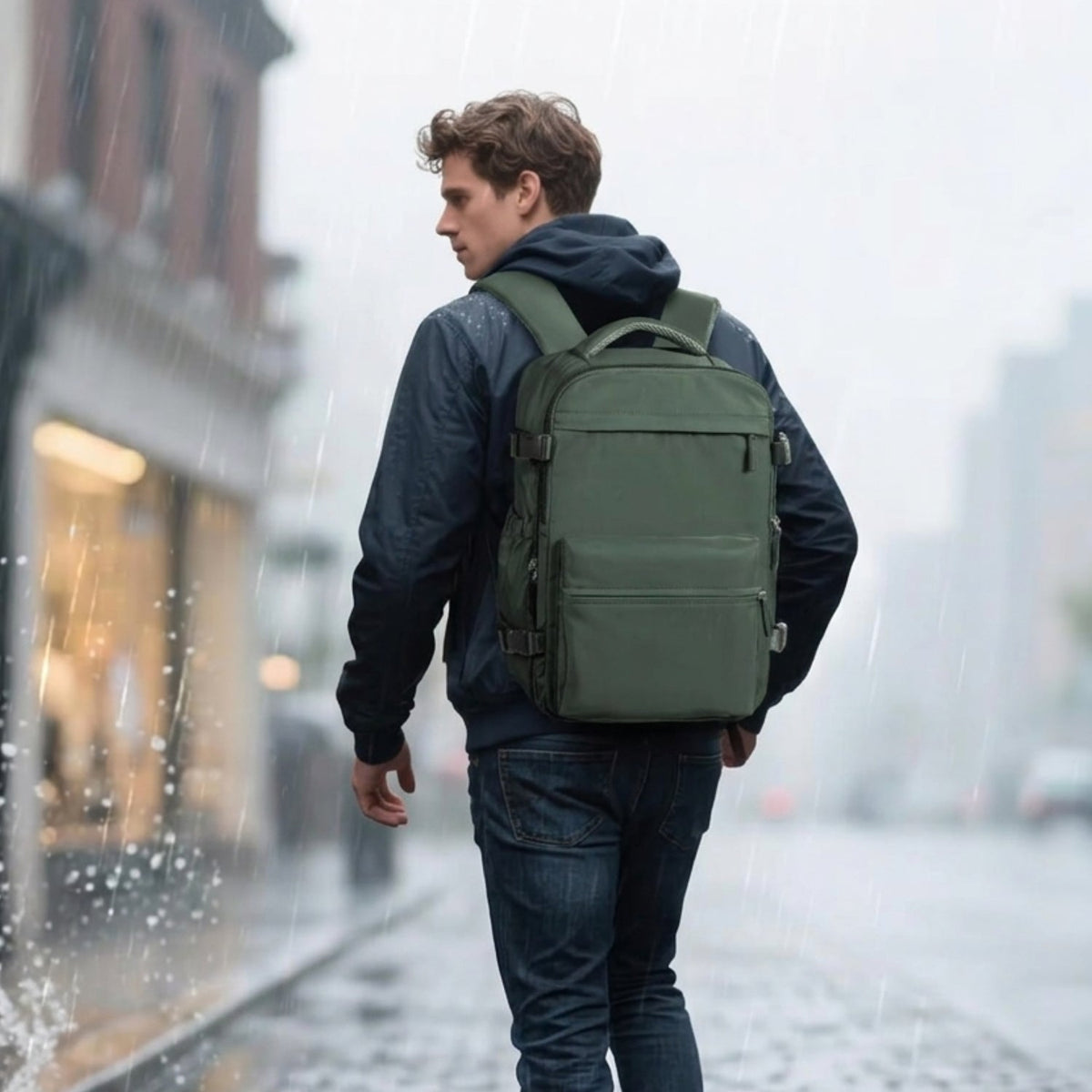 Person walking in town with smart backpack Vacuum Edition in green