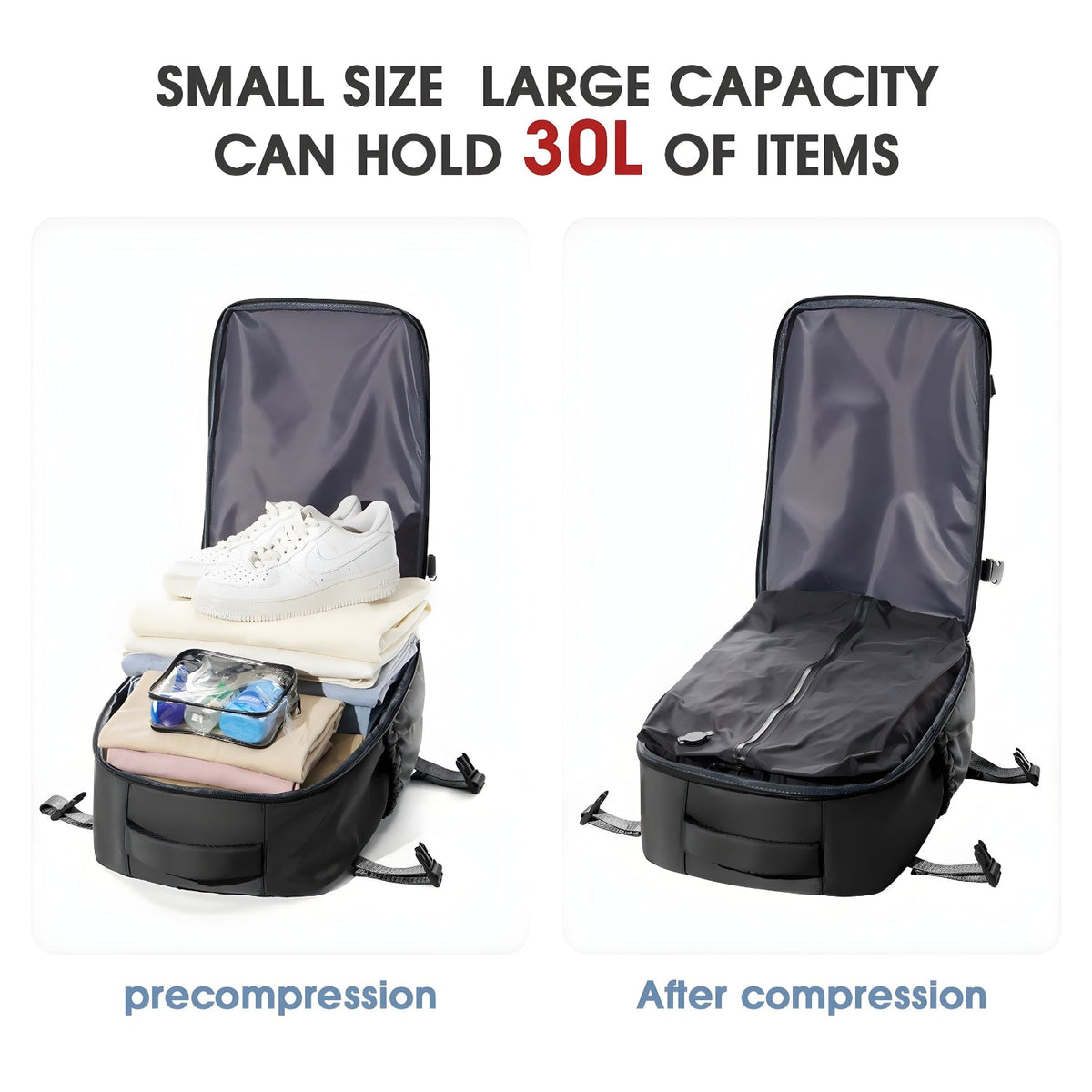Smart backpack Vacuum Edition before and after compression