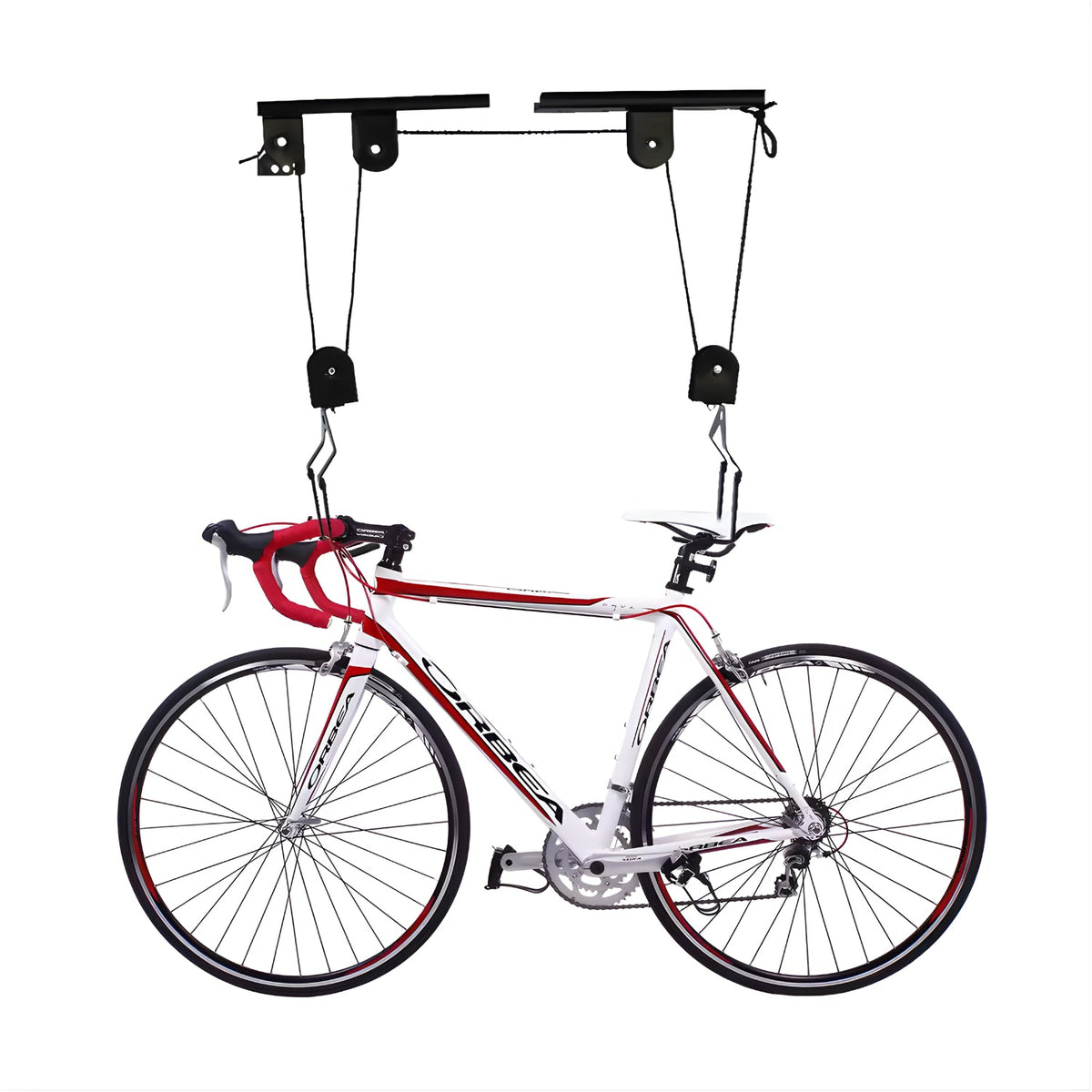 Smart bike ceiling mount with a bike hoisted to the ceiling