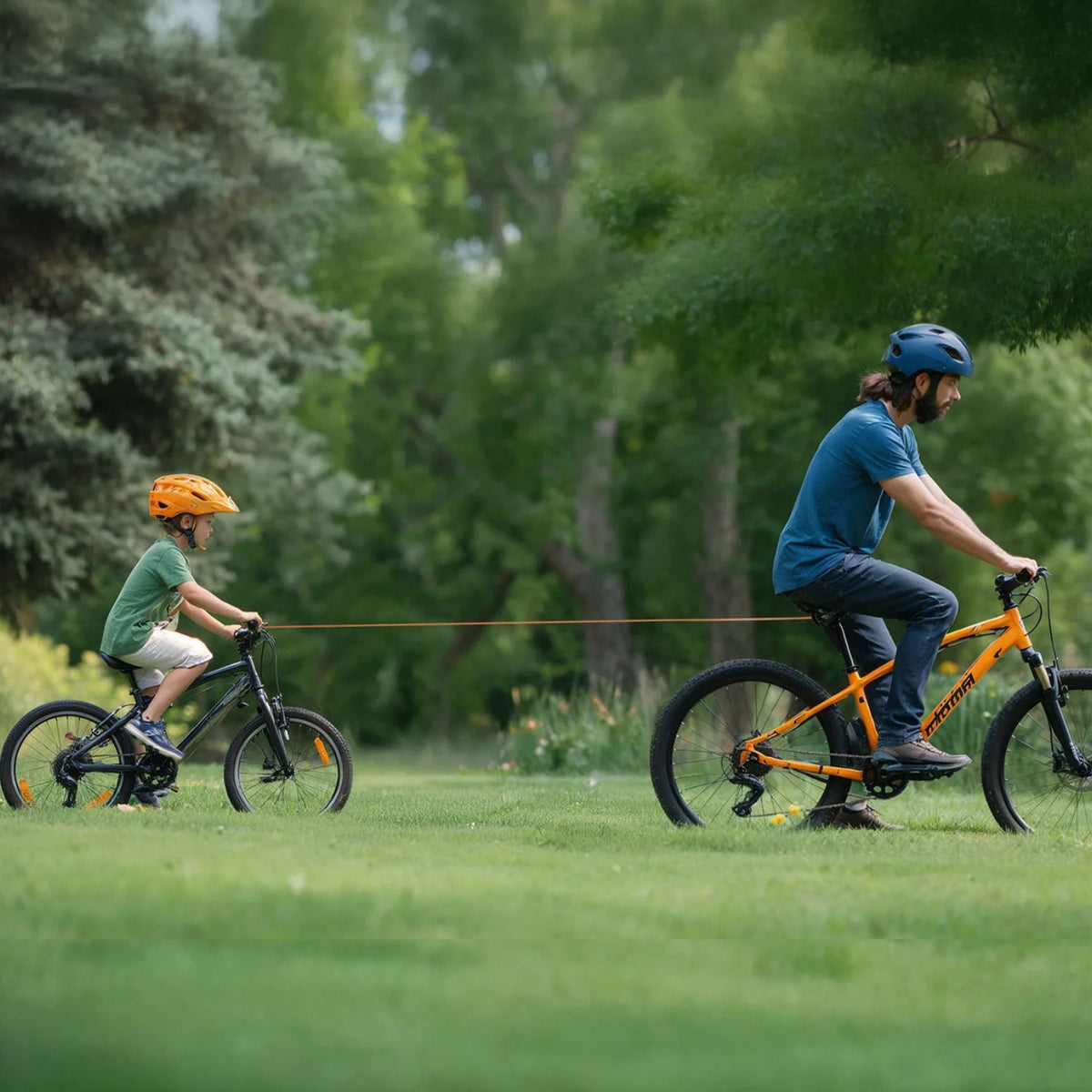 Smart retractable bike tow rope with hook towing a child’s bicycle