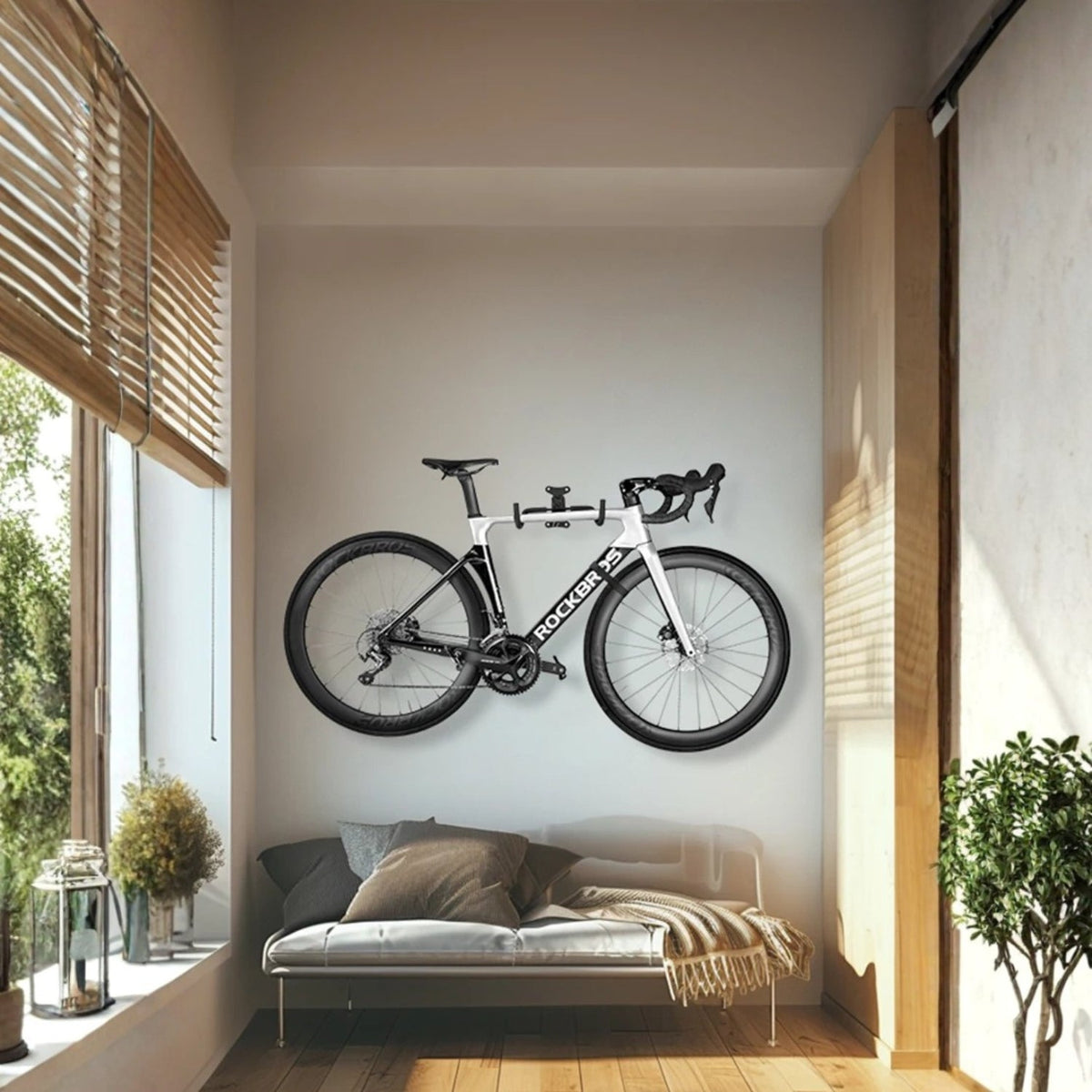 Smart bike wall mount with a bike on the wall in a room