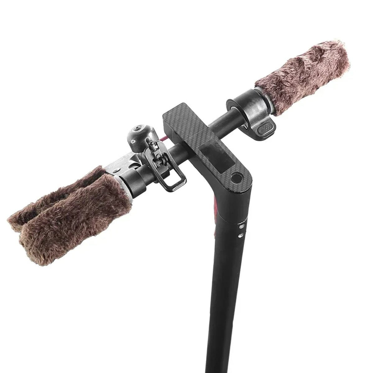 Smart warm-lined handlebar covers in brown on the electric scooter, angled view