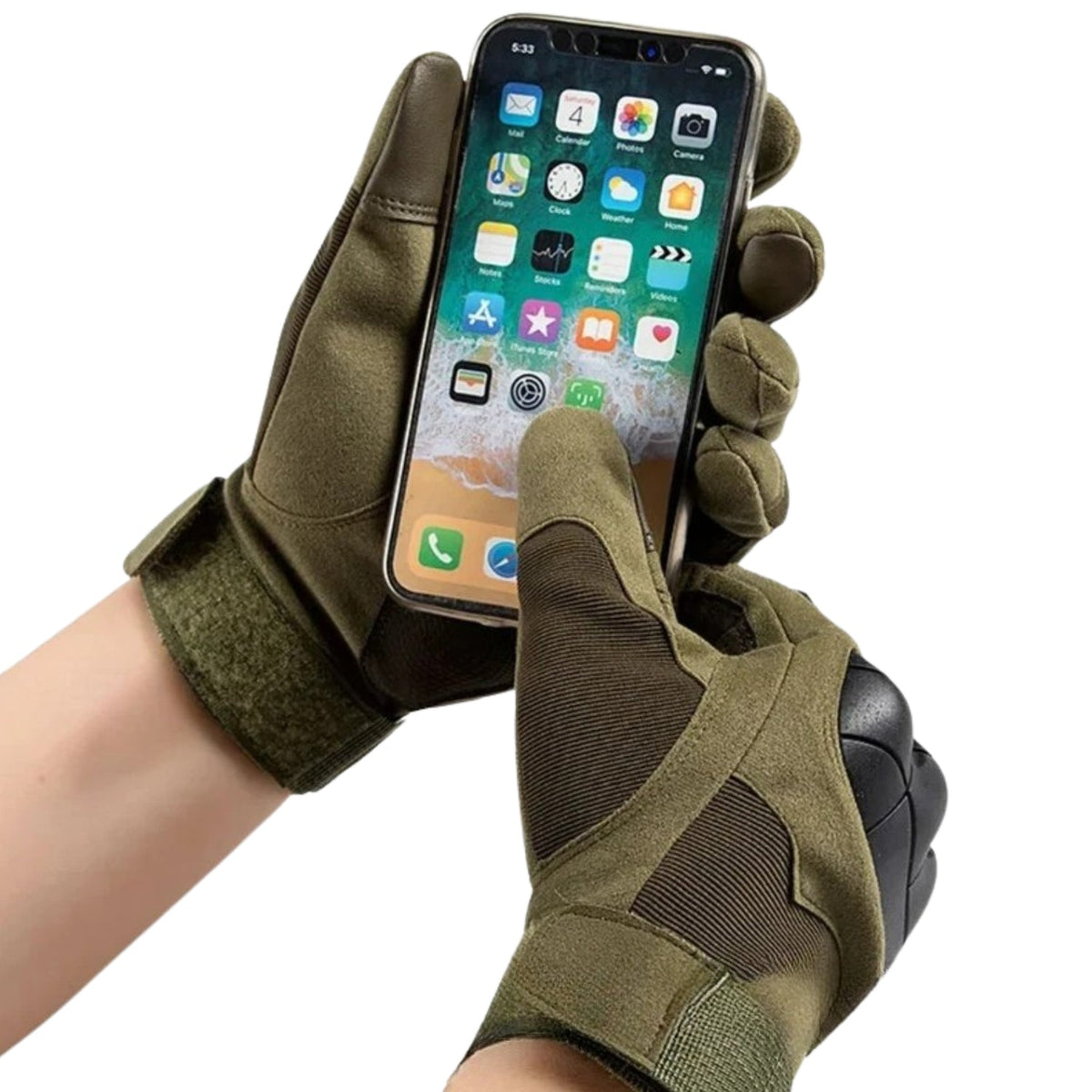 Phone being used with smart gloves Military Edition in green