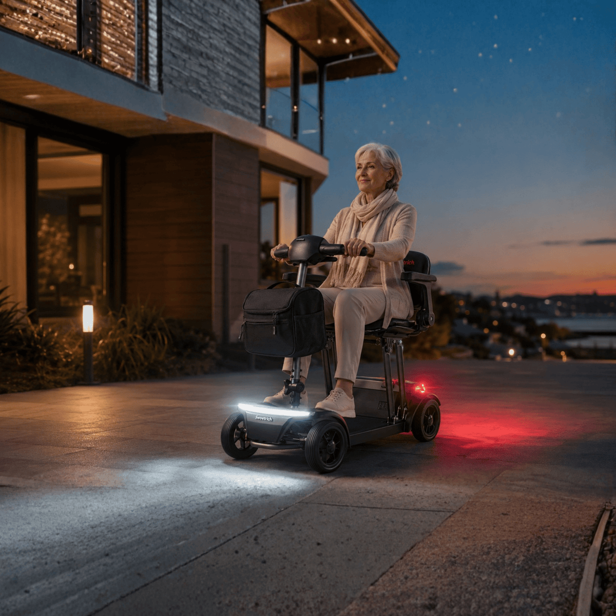 Older woman sitting in the Sweetrich Air Traveller mobility scooter in an evening setting
