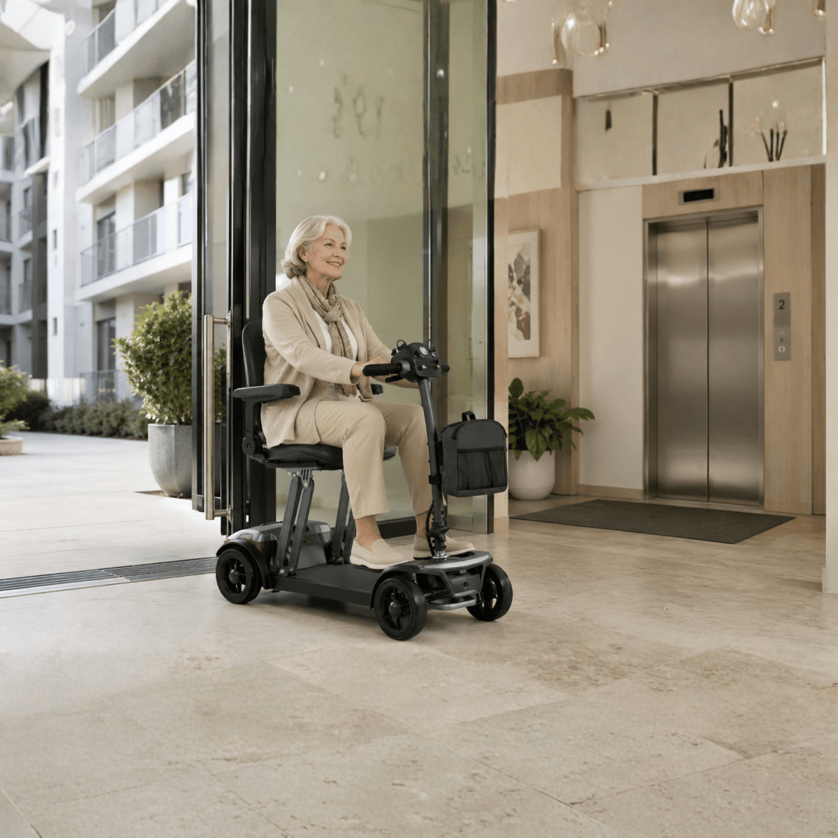 Older woman sitting in the Sweetrich Air Traveller mobility scooter indoors