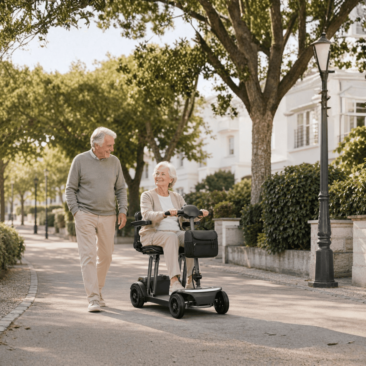 Older woman sitting in the Sweetrich Air Traveller mobility scooter in the city